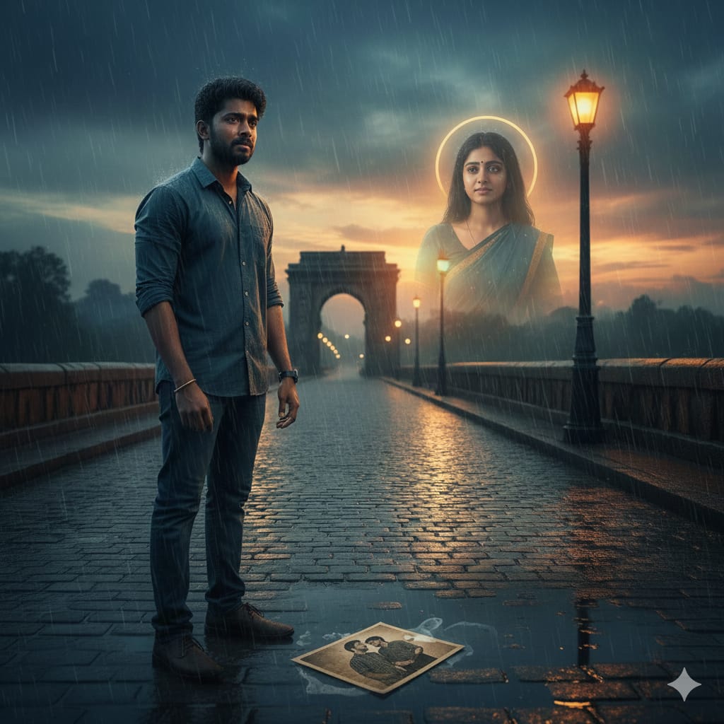 A man standing in the rain looking at a memory of his former lover, representing the story முன்னாள் காதலி.