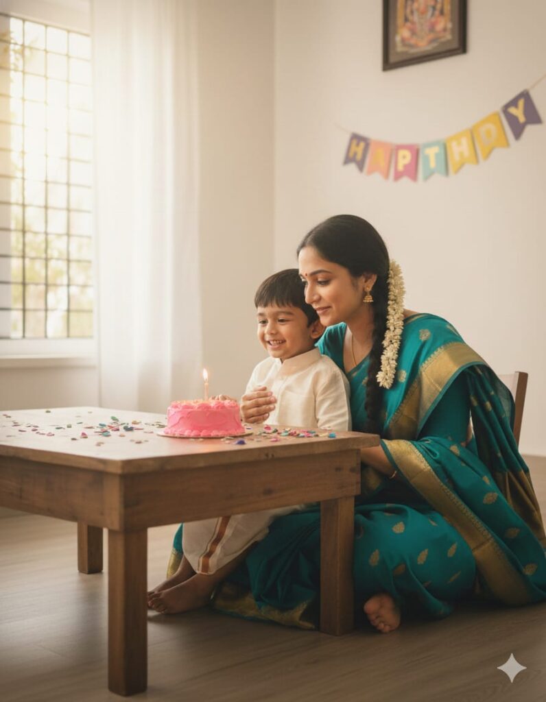 A South Indian mother in a traditional saree hugging her young son next to a birthday cupcake with a lit candle, celebrating a birthday in a Tamil Nadu home.
