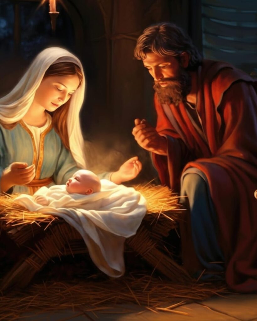 A peaceful and artistic representation of the birth of Jesus Christ in a manger, designed for a Christmas Kavithai post.