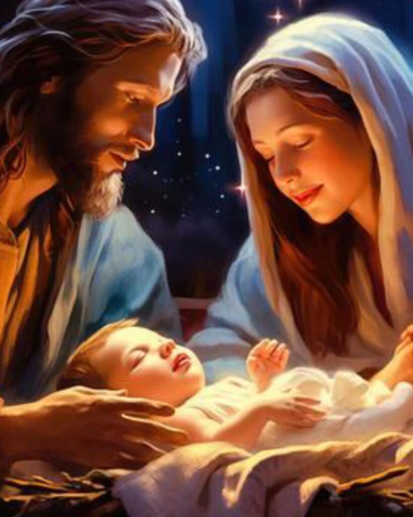 A peaceful and artistic representation of the birth of Jesus Christ in a manger, designed for a Christmas Kavithai post.