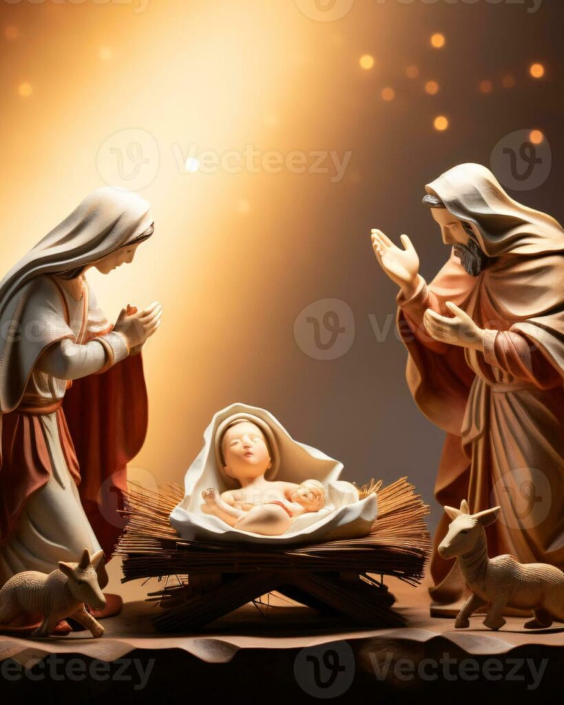 A peaceful and artistic representation of the birth of Jesus Christ in a manger, designed for a Christmas Kavithai post.