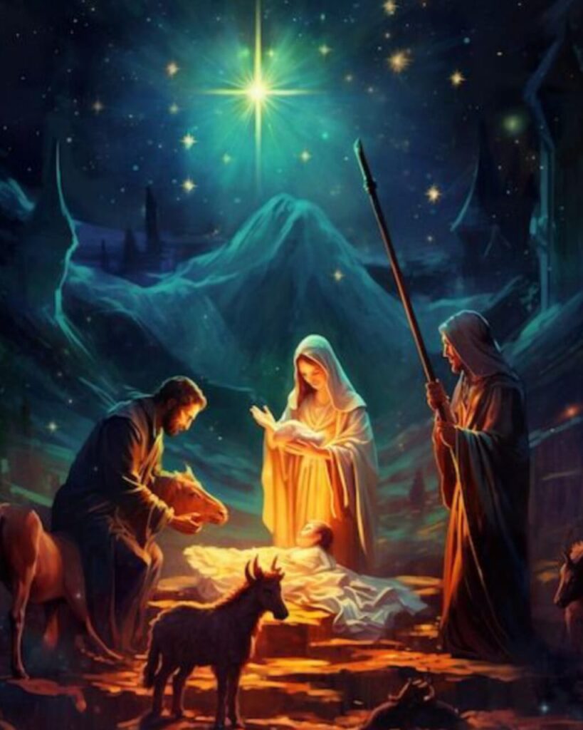 A peaceful and artistic representation of the birth of Jesus Christ in a manger, designed for a Christmas Kavithai post.