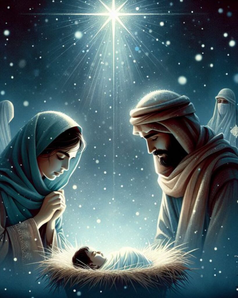 A peaceful and artistic representation of the birth of Jesus Christ in a manger, designed for a Christmas Kavithai post.